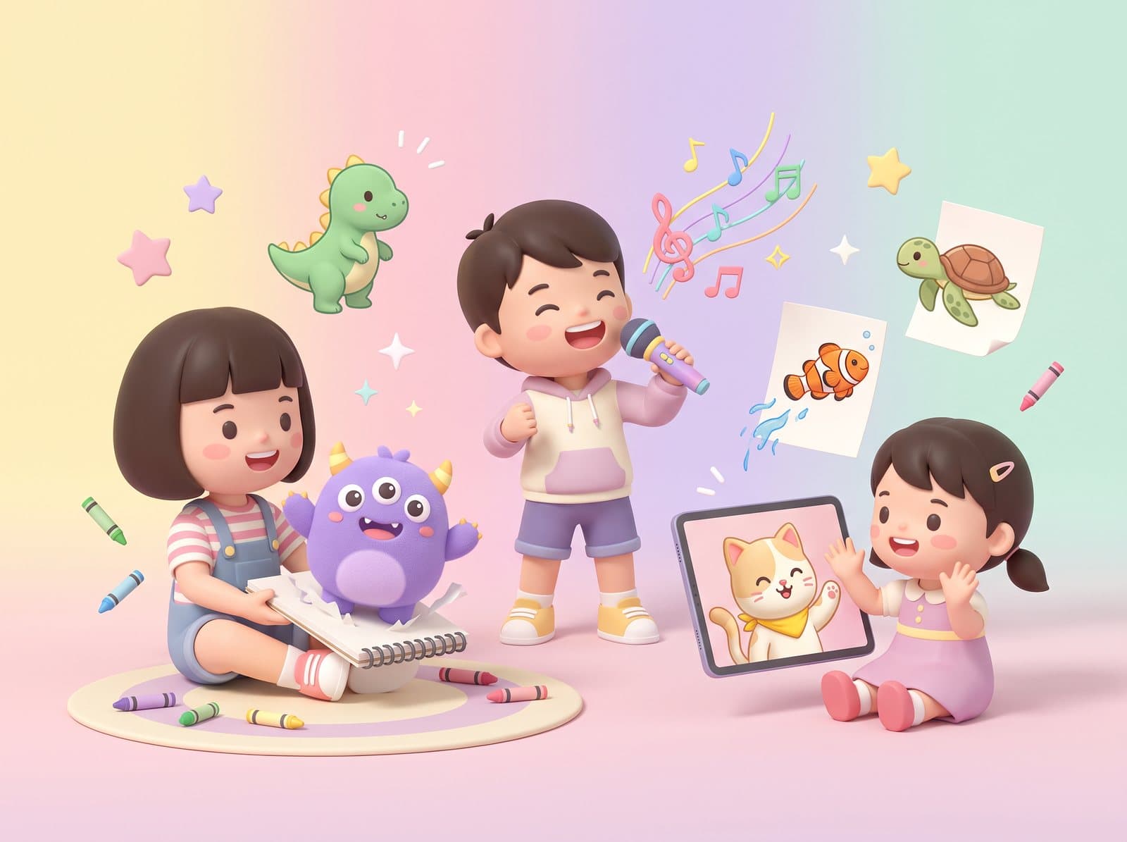 ภาพการ์ตูนเด็กๆ วาดรูปแล้วตัวมอนสเตอร์กระโดดออกจากกระดาษ ร้องเพลง และโบกมือคุยกับเพื่อนแมวการ์ตูนในแท็บเล็ต